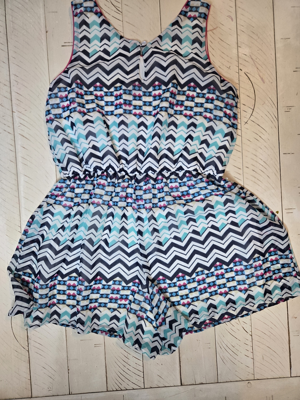 Zunie Girls Chevron & Geometric Print Romper in Teal, Navy & Pink